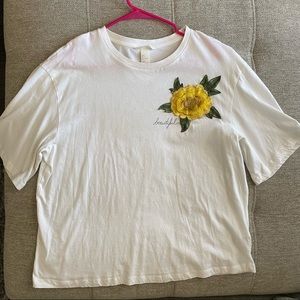 H&M Wide Cut White Tshirt, with flower motif.